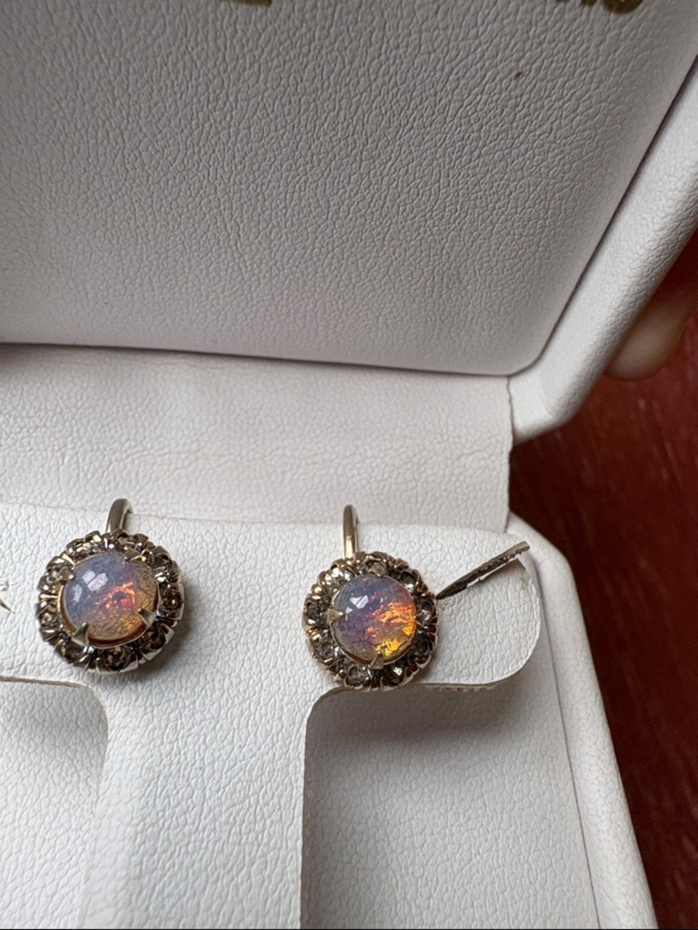 Vintage Vargas Gold Pink Opal Halo Drop Earrings - Iridescent Dragon Fire Stone - Picture 2 of 11